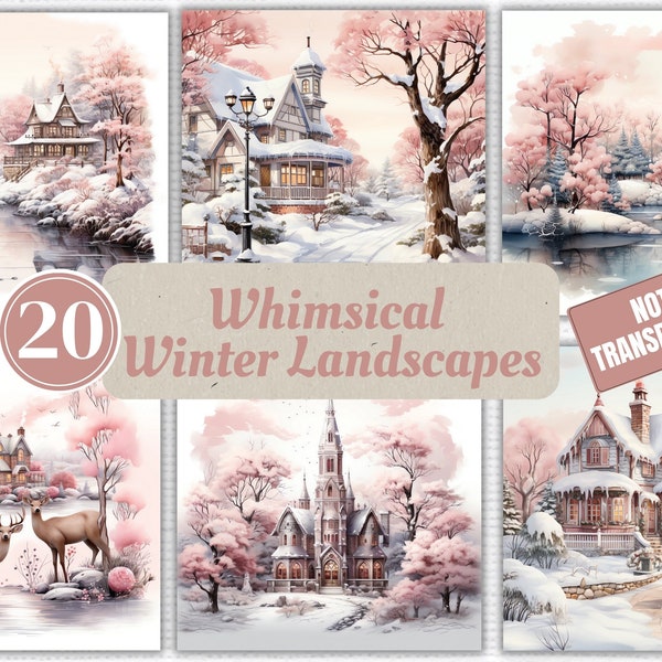 Pink Christmas Winter Landscape Png Clipart - Watercolor bundle - For Junk Journals, Invitations, Sublimation, etc (NOT TRANSPARENT)