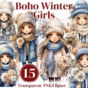 Boho Winter Girls/Dolls Png Clipart - Aquarela Winter bundle - Junk Journals Invitations Sublimation etc