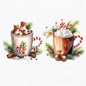 以下が含まれることがあります： ホットチョコレートがたっぷり入ったマグカップのウォーターカラーイラストが2つ。1つのマグカップは、赤と白のキャンディーケーンとヒイラギの葉がついた白いマグカップ。もう1つのマグカップは、キャンディーケーンと茶色の砂糖のかたまりがついた茶色のマグカップ。両方のマグカップは、緑の松の枝と赤いベリーで飾られています。
