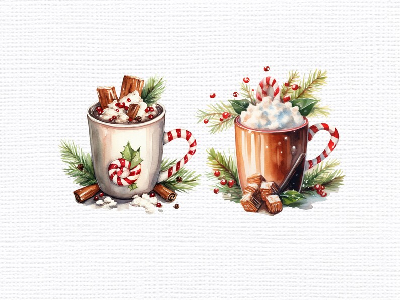 以下が含まれることがあります： ホットチョコレートがたっぷり入ったマグカップのウォーターカラーイラストが2つ。1つのマグカップは、赤と白のキャンディーケーンとヒイラギの葉がついた白いマグカップ。もう1つのマグカップは、キャンディーケーンと茶色の砂糖のかたまりがついた茶色のマグカップ。両方のマグカップは、緑の松の枝と赤いベリーで飾られています。