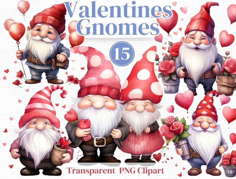 Watercolor Valentines Gnomes Clipart: PNG Bundle for Scrapbooking ...