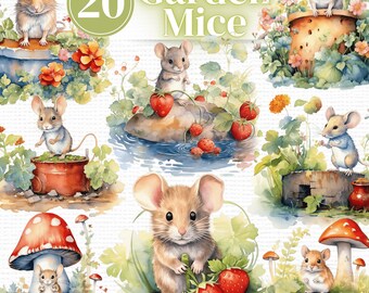 Watercolor Garden Mice Clipart: Floral Nursery Art (PNG Digital Download)