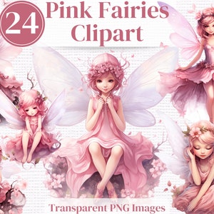 Może przedstawiać: Zestaw 24 cyfrowych obrazów clipart przedstawiających różowe wróżki z skrzydłami i kwiatami. Wróżki noszą różowe sukienki i mają różowe włosy. Obrazy są przezroczystymi plikami PNG.