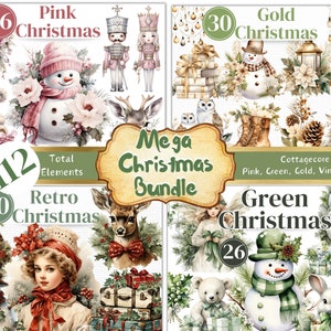 Pink Gold Green Retro Tis the season Christmas Png Clipart - Santa Cottagecore Watercolor Winter bundle -  Invitations Sublimation etc