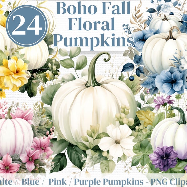 Floral Pumpkin PNG Clipart -Watercolor Beige White Pink Blue Purple Pumpkins (Boho Thanksgiving Invites,  autumn junk journal etc)