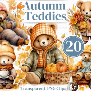Clipart de outono / outono Teddy Bear PNG - Pacote aquarela - Perfeito para planejadores de outono, copo, diários indesejados ou arte de berçário png