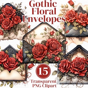 Gothic Valentine Enveloppen - Aquarel Png Clipart Bundel - Voor Planners, Junk Journals, Scrapbooking etc