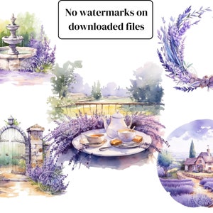 May include: A digital illustration of a watercolour painting featuring five scenes of a French countryside with lavender fields. The scenes include a stone fountain, a stone gate, a tea set on a table, a wreath of lavender, and a small cottage with a path leading to it.