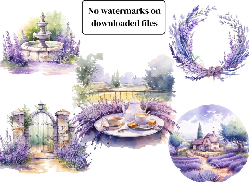 May include: A digital illustration of a watercolour painting featuring five scenes of a French countryside with lavender fields. The scenes include a stone fountain, a stone gate, a tea set on a table, a wreath of lavender, and a small cottage with a path leading to it.