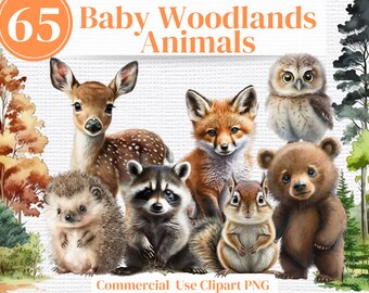 Watercolor Woodland Animals Clipart: 65 Baby Forest PNGs