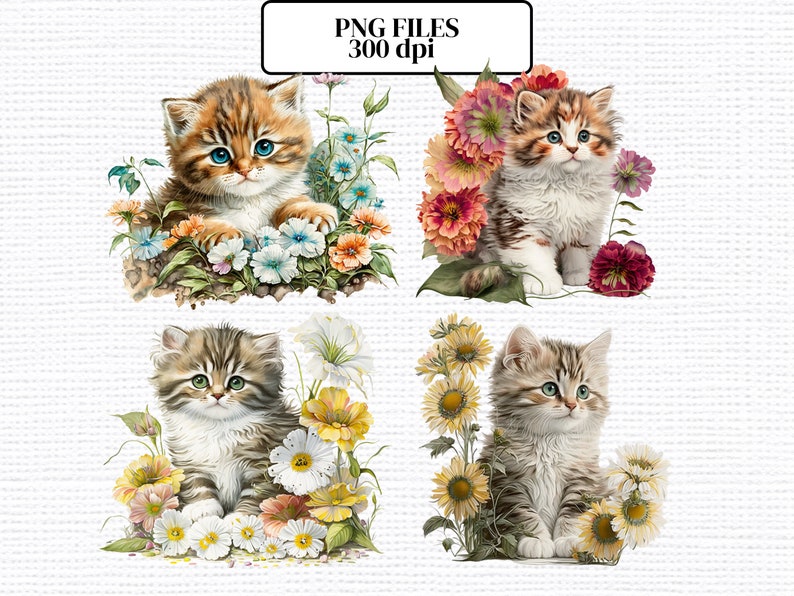 Floral Kitten Clipart Set: Watercolor Cat PNG, Commercial Use (22 Pack ...