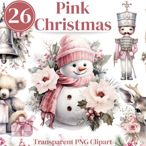 Pink Tis the season Christmas Png Clipart - Cottagecore Watercolor Winter bundle -  Junk Journals Invitations Sublimation etc