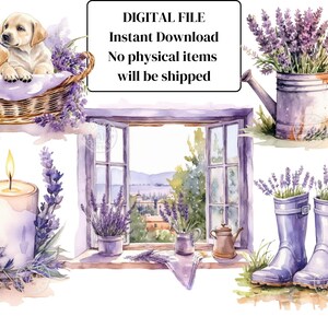 May include: A digital illustration set featuring watercolour paintings of lavender flowers, a window with a view of a town, a candle, a watering can, and two rain boots. The text "DIGITAL FILE Instant Download No physical items will be shipped" is included in the image.