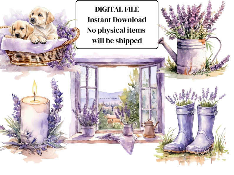 May include: A digital illustration set featuring watercolour paintings of lavender flowers, a window with a view of a town, a candle, a watering can, and two rain boots. The text "DIGITAL FILE Instant Download No physical items will be shipped" is included in the image.