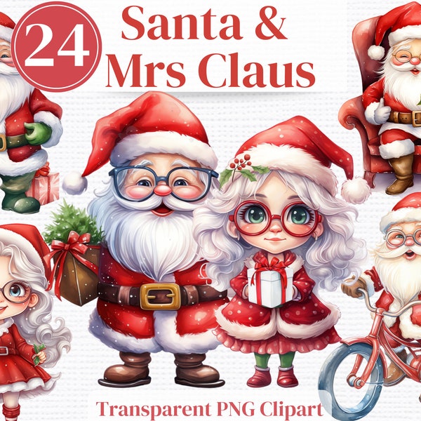 Santa & Mrs Claus Christmas Png Clipart - Bundle d'hiver aquarelle - Junk Journals Invitations Sublimation etc.