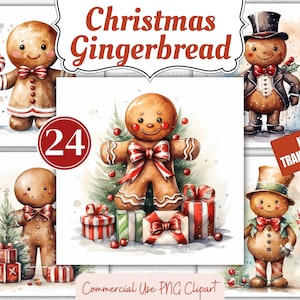 Gingerbread Man PNG Clipart Graphics - Pacchetto acquerello - 24 immagini individuali di pan di zenzero NON TRASPARENTI. Cottura dei biscotti di zucchero