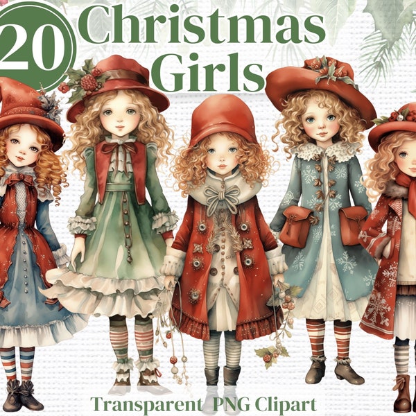 Cute Christmas Girls / Dolls Png Clipart -  Watercolor bundle -  Junk Journals Invitations Sublimation etc