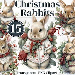 Vintage Weihnachten Bunny Rabbit PNG Clipart - Winter Aquarell Bundle - Perfekt für Winter Junk Journals Einladungen Sublimation etc