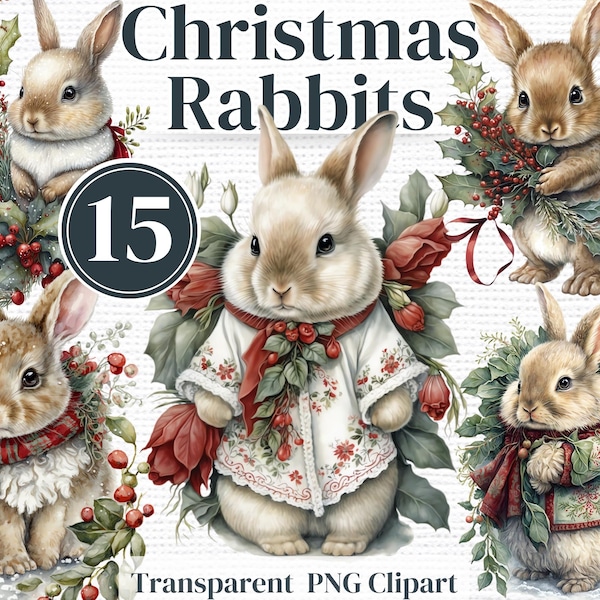 Vintage Christmas Bunny Rabbit PNG Clipart - Paquete de acuarela de invierno - Perfecto para revistas basura de invierno Invitaciones Sublimación, etc.