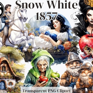 Blancanieves/ Bruja / Siete Enanitos mineros Cuento de Hadas Png Acuarela Clipart - Versión 1857 - Uso Comercial Clipart