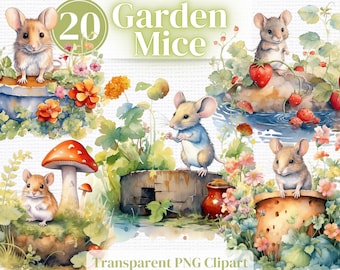 Watercolor Garden Mice Clipart: Floral Mouse PNG Images (Digital Download)
