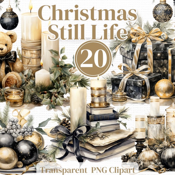 Black + Gold Christmas Still Life Png Clipart - Watercolor Winter bundle -  Junk Journals Invitations Sublimation etc