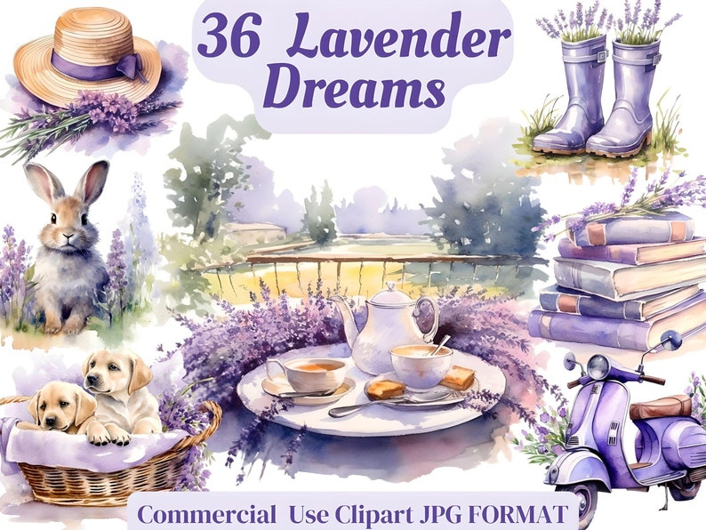 May include: A set of 36 watercolour illustrations featuring lavender flowers, a straw hat, a rabbit, two puppies in a basket, a teapot and teacups, a stack of books, a purple scooter, and a pair of purple rain boots. The illustrations are in a watercolour style and have a vintage feel.