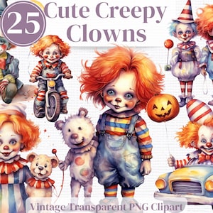 Palhaço de Halloween fofo e assustador PNG Clipart Graphics - Pacote de clipart em aquarela - sensação vintage e coloração
