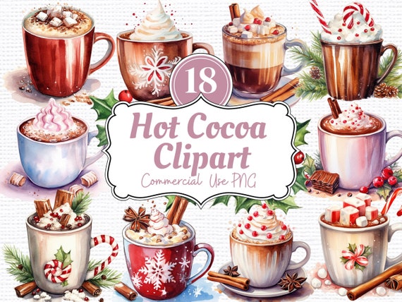 Watercolor Hot Cocoa Clipart: Christmas Holiday PNG Bundle (Digital Download)