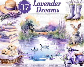 37 Lavender Provence Garden -Watercolor Clipart PNG Graphics Bundle, Commercial Use Clipart - Instant Download