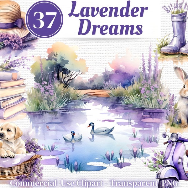 37 Lavender Provence Garden -Watercolor Clipart PNG Graphics Bundle, Commercial Use Clipart - Instant Download