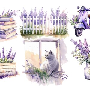 May include: A watercolour illustration of a lavender theme with a stack of books, a white picket fence, a purple scooter, a cat sitting in a window, and a bouquet of lavender in a glass vase.