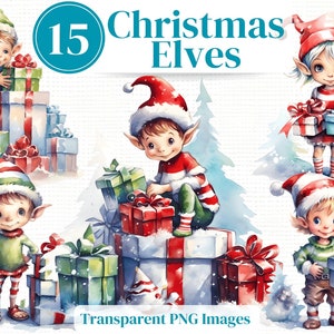 Christmas Elf PNG Clipart - Winter Watercolor bundle - Perfect for Winter Junk Journals Invitations Sublimation etc
