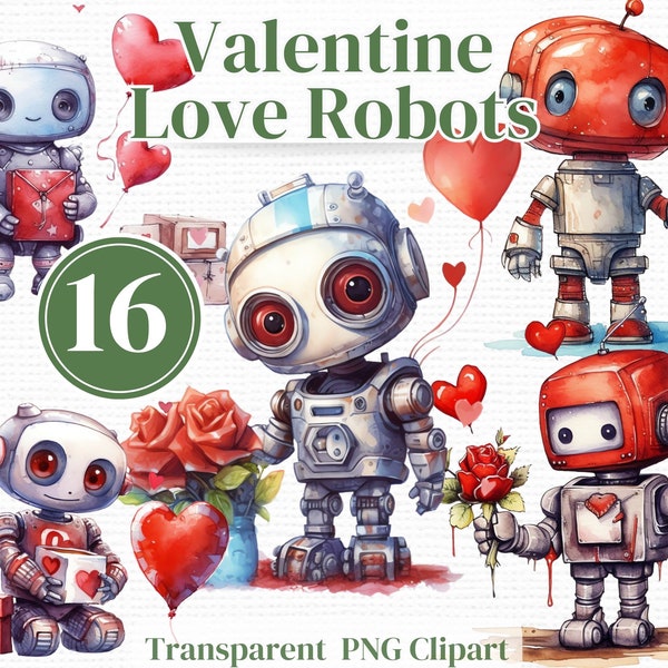 Cute Valentines Robot Png Clipart- Watercolor Love Machines Bundle -  Hearts / Love Junk Journals Invitations Sublimation etc