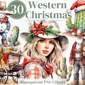 Wild Western Cowboy Santa -Weihnachten Png Clipart, Incl Cowboy, Cowgirl, Kuhschädel etc. - Aquarell PNG Weihnachten Bundle