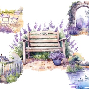 May include: A watercolour painting depicting a garden scene with a white wooden bench, a stone archway, a white picket fence, a small house, and a pond with two ducks. The garden is filled with lavender flowers.