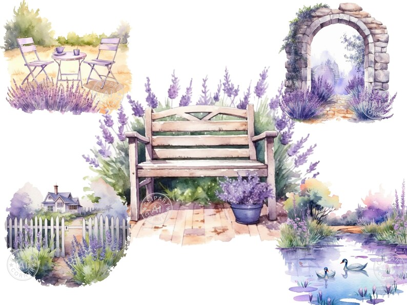 May include: A watercolour painting depicting a garden scene with a white wooden bench, a stone archway, a white picket fence, a small house, and a pond with two ducks. The garden is filled with lavender flowers.