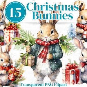 Christmas Bunny Rabbit PNG Clipart - Winter aquarel bundel - Perfect voor Winter Junk Journals Uitnodigingen Sublimatie enz