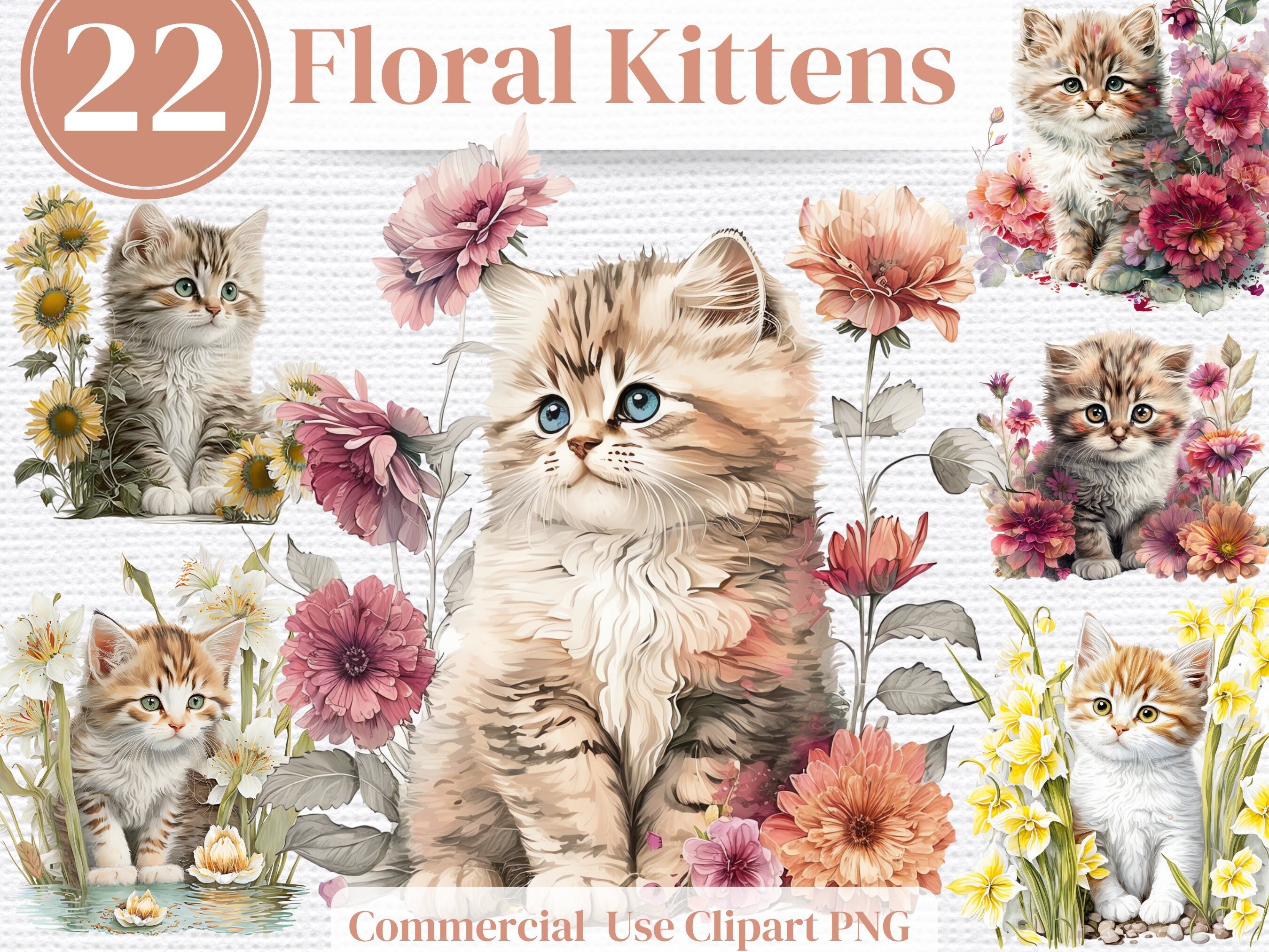 Floral Kitten Clipart Set: Watercolor Cat PNG, Commercial Use (22 Pack ...