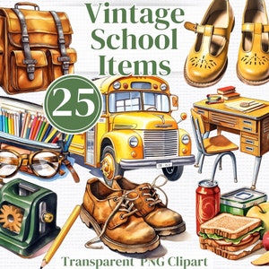 Retro Back to School Png Clipart-Watercolor Teacher Educational Bundle (C)-  Junk Journals Invitations Sublimation etc