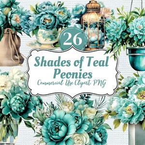 26 Petrol Pfingstrose Blumen - Pfingstrosen Aquarell Clipart Bundle PNG - Kommerzielle Nutzung Clipart mit Pfingstrose Teetasse, Kranz, Rand etc