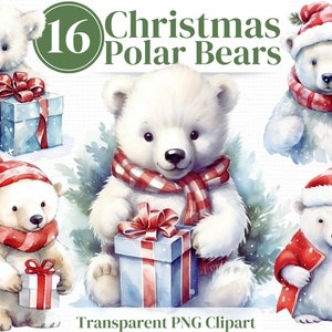 Christmas Polar Bear Winter PNG Clipart - Watercolor bundle - Perfect for Junk Journals Invitations Sublimation etc
