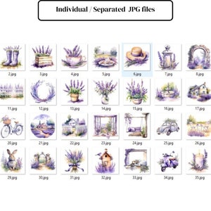 May include: A collection of 36 watercolour illustrations featuring lavender flowers, a variety of objects, and scenes. The illustrations are arranged in a grid pattern and include images of a watering can, a bicycle, a house, a birdhouse, a swing, a car, a candle, a scooter, and more.