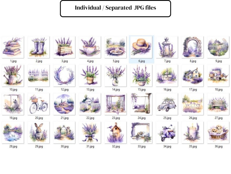 May include: A collection of 36 watercolour illustrations featuring lavender flowers, a variety of objects, and scenes. The illustrations are arranged in a grid pattern and include images of a watering can, a bicycle, a house, a birdhouse, a swing, a car, a candle, a scooter, and more.
