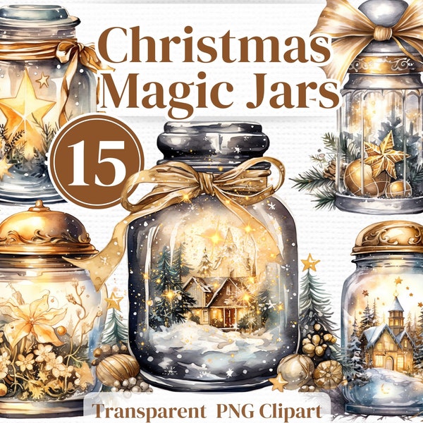 Gold Christmas Mason Jar Png Clipart - Watercolor Winter bundle -  Junk Journals Invitations Sublimation etc