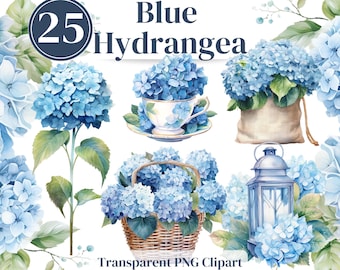 Blue Hydrangea Watercolor Clipart Bundle: Floral Wreath, Vase (PNG Digital Download)