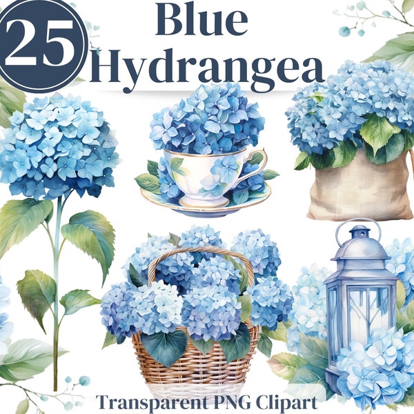 25 Blue Hydrangea Flowers , Hydrangea Watercolor Clipart Bundle PNG - Commercial Use hydrangea wreath, teacup, border, vase, planter etc