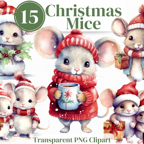 Christmas Mice PNG Clipart - Winter Watercolor bundle - Perfect for Winter Junk Journals Invitations Sublimation etc