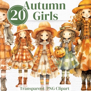 Autumn Girls / Dolls Clipart Png - Fall Ephemera- Printable Watercolor Art perfect for Junk Journal, Scrapbook, Sublimation, etc