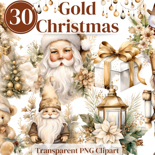 Gold Cottagecore Weihnachten Png Clipart - Aquarell Winter Bundle - Junk Journals Einladungen Sublimation etc